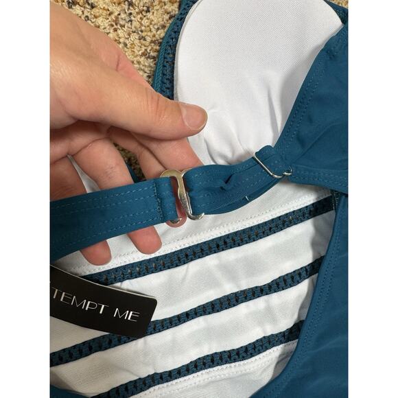 Tempt Me Womens Teal Blue Deep V Halter One-Piece Swimsuit Lace Cutout Detail M - Picture 8 of 9